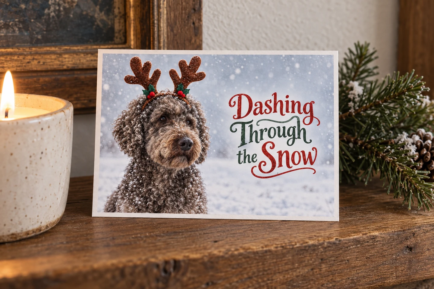 A printed pet Christmas card displayed on a mantel