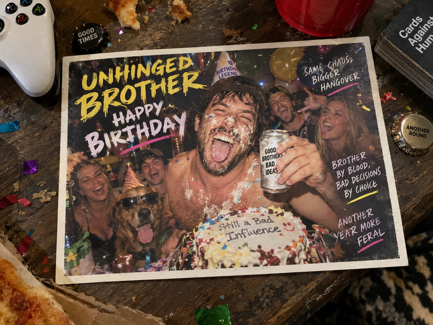 A printed birthday card with a brother-themed greeting