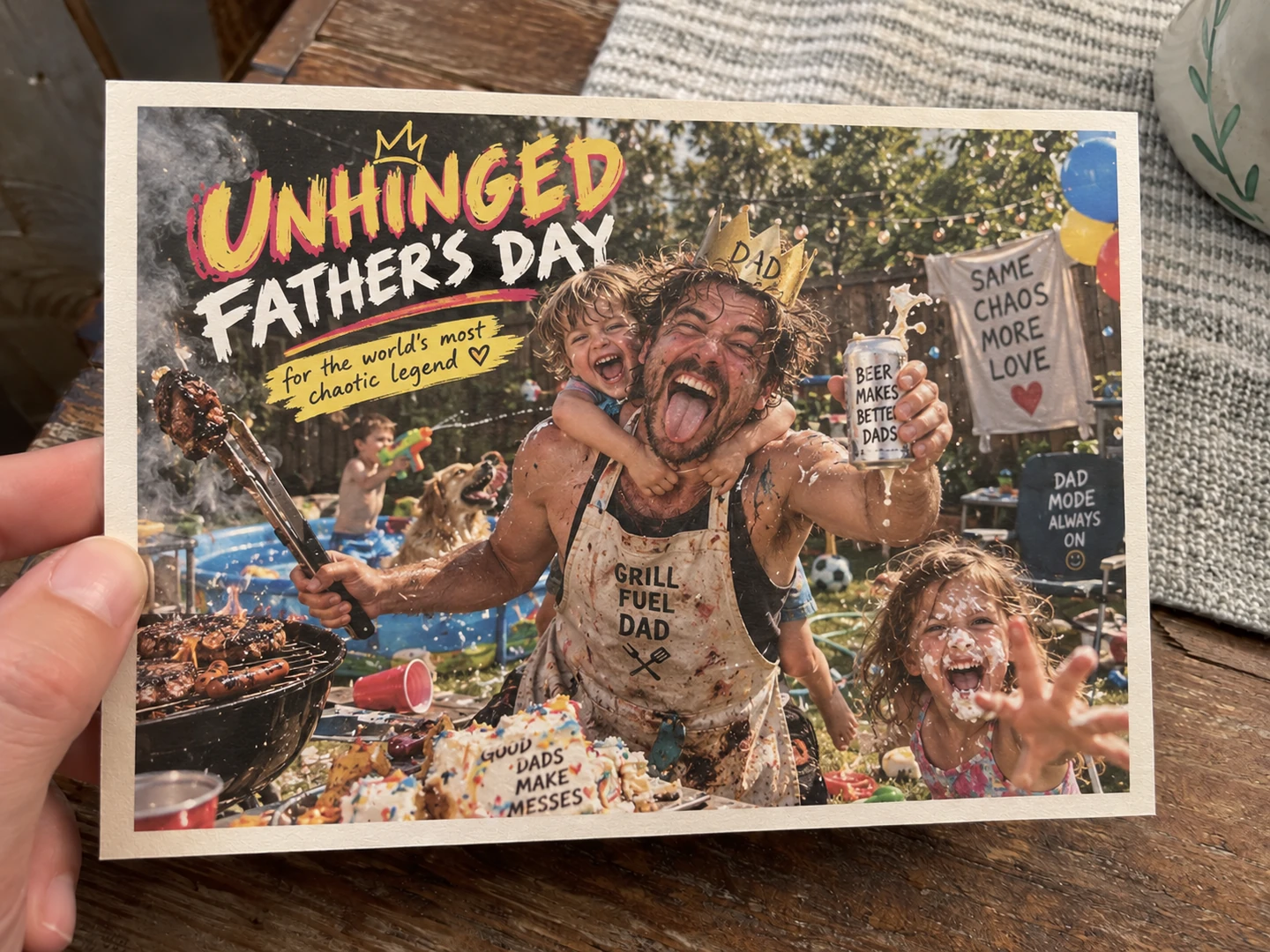 A printed Father's Day card photographed in a backyard
