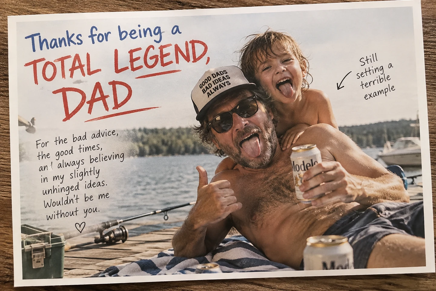 A printed dad-themed card photographed beside a lake
