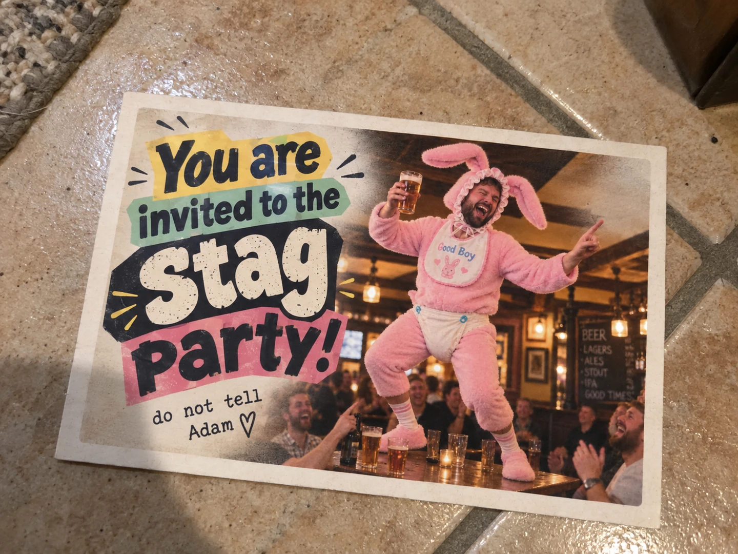 A printed Unhinged card photographed at a stag party