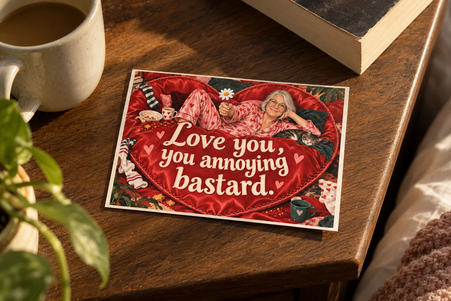 A printed Unhinged anniversary card on a bedside table