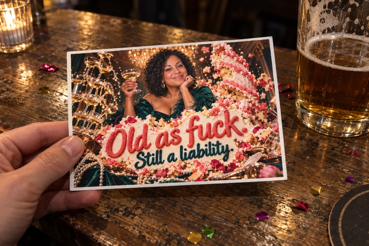 A printed Unhinged banter card resting on a pub table