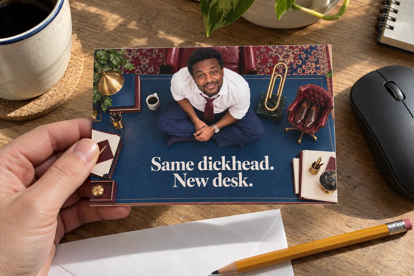 A printed Unhinged work-themed card resting on a desk