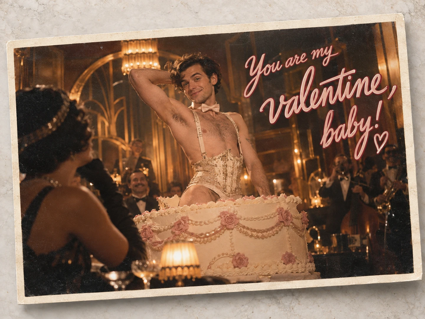 A printed Valentine's card in a cabaret-inspired setting