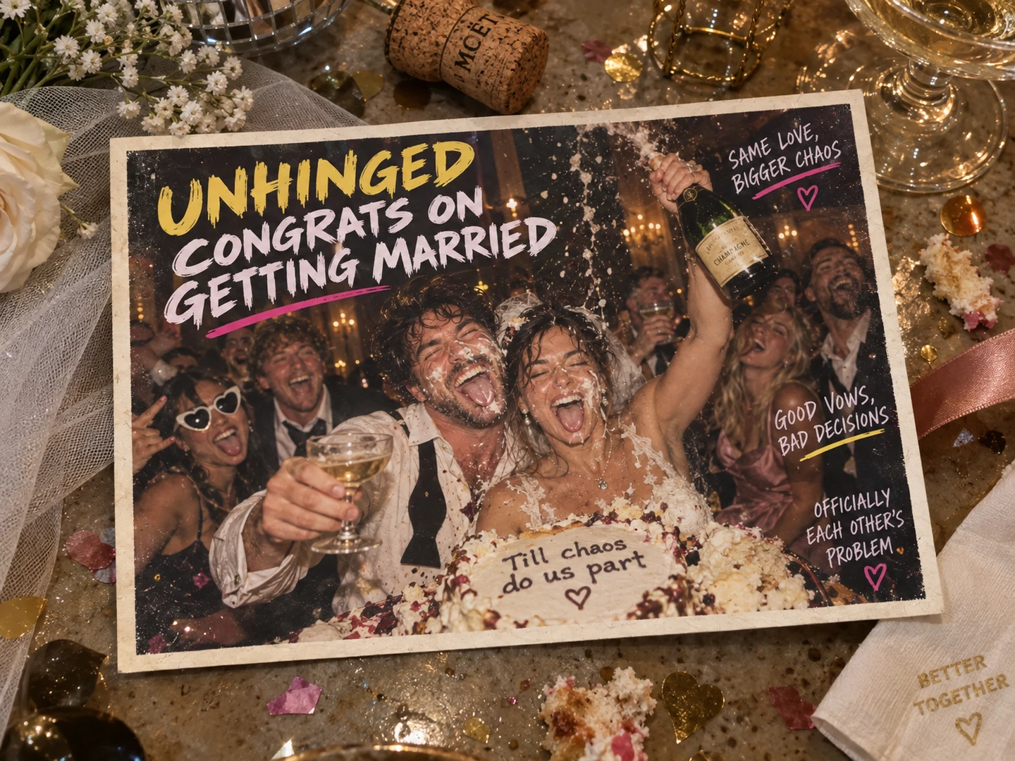 A printed wedding card photographed at an afterparty
