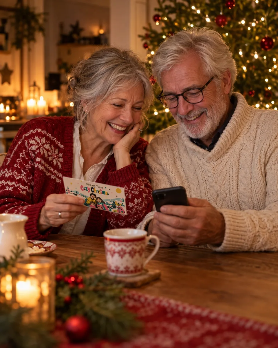 Ein Paar genießt einen fröhlichen Weihnachtsmoment mit einer Karte und einem Lied auf dem Handy