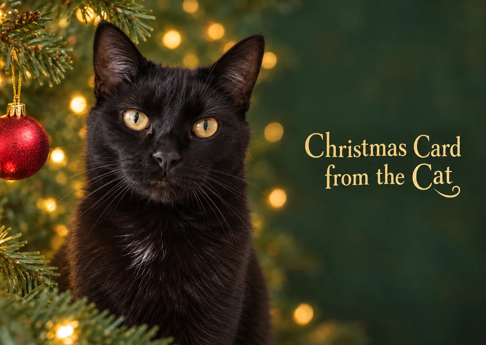Luna, a black cat, by a Christmas tree on a card that reads Christmas Card from the Cat