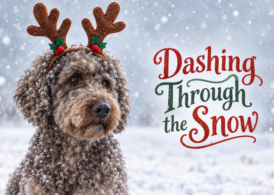 Skipper in reindeer antlers in the snow on a Christmas card that reads Dashing through the snow
