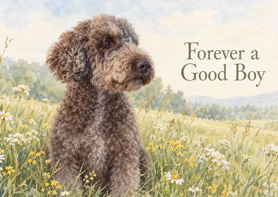Skipper as a watercolour in a flower meadow on a sympathy card that reads Forever a good boy