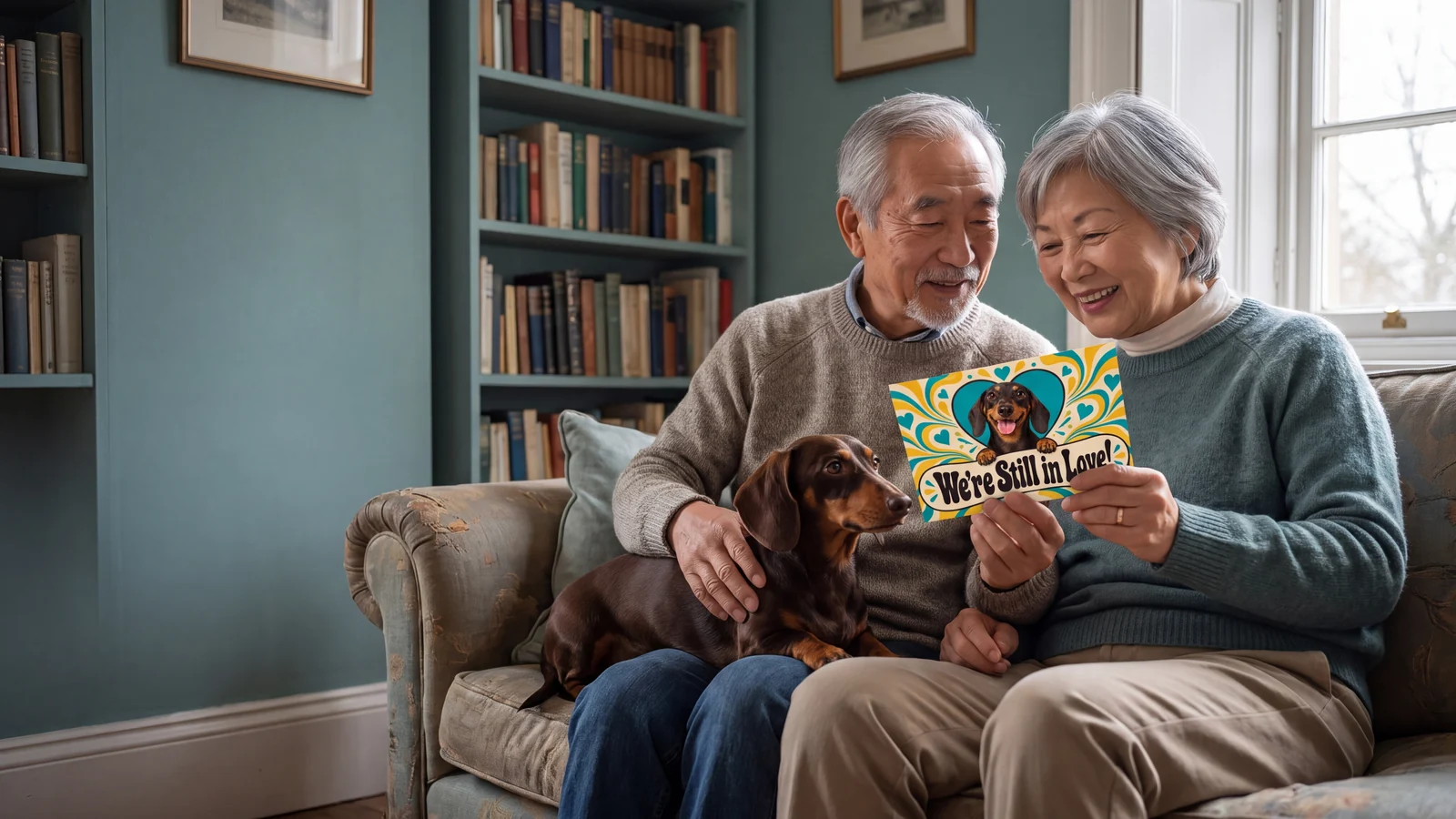 A longtime couple shares an anniversary postcard with their dachshund between them.