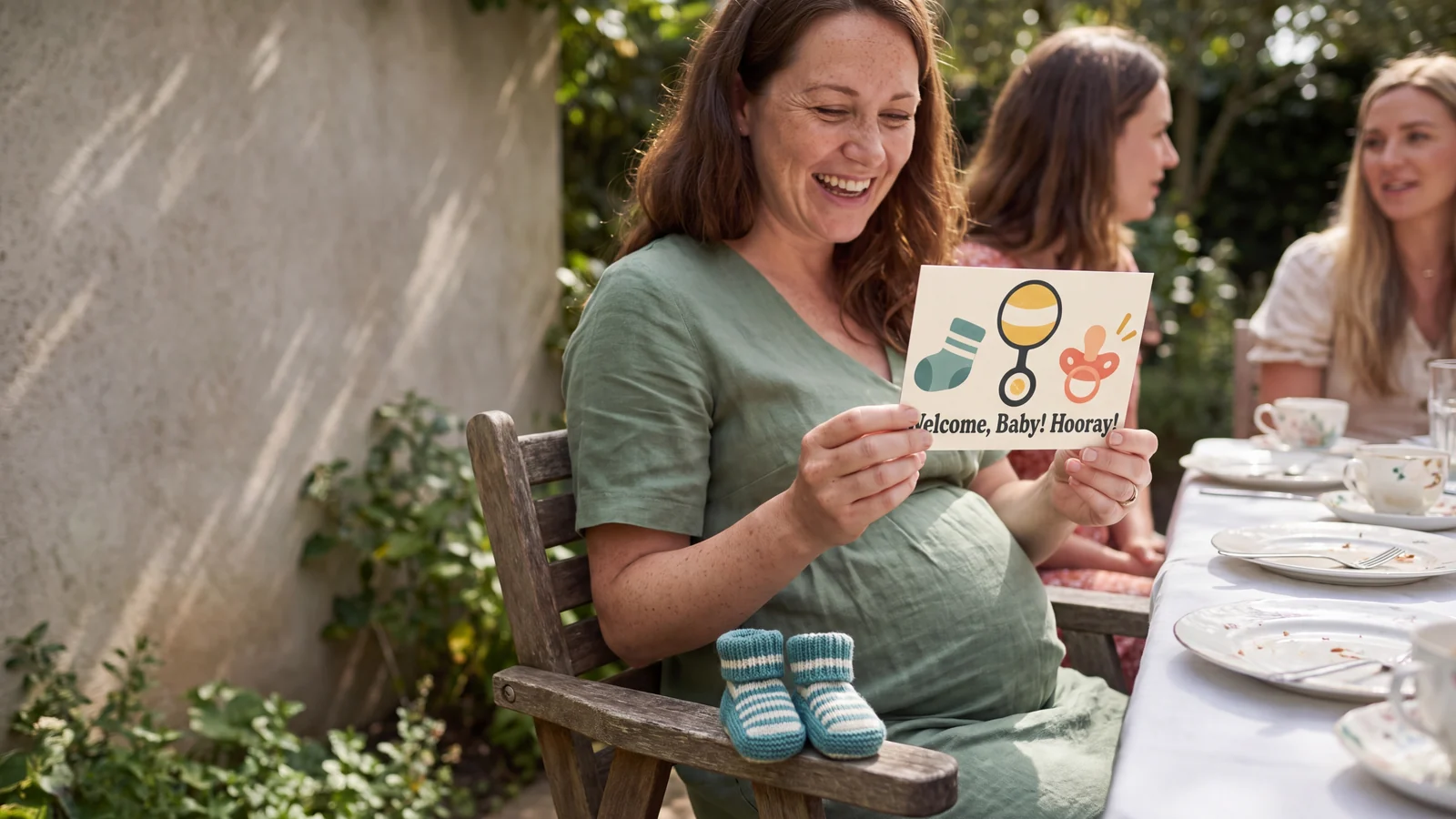 Una futura mamá se ríe con una postal junto a unos diminutos botines de bebé tejidos.