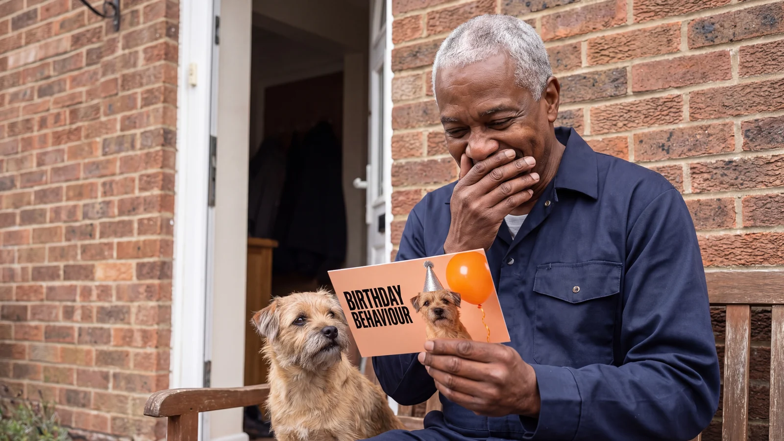 A man smiles at a birthday postcard beside his scruffy terrier.