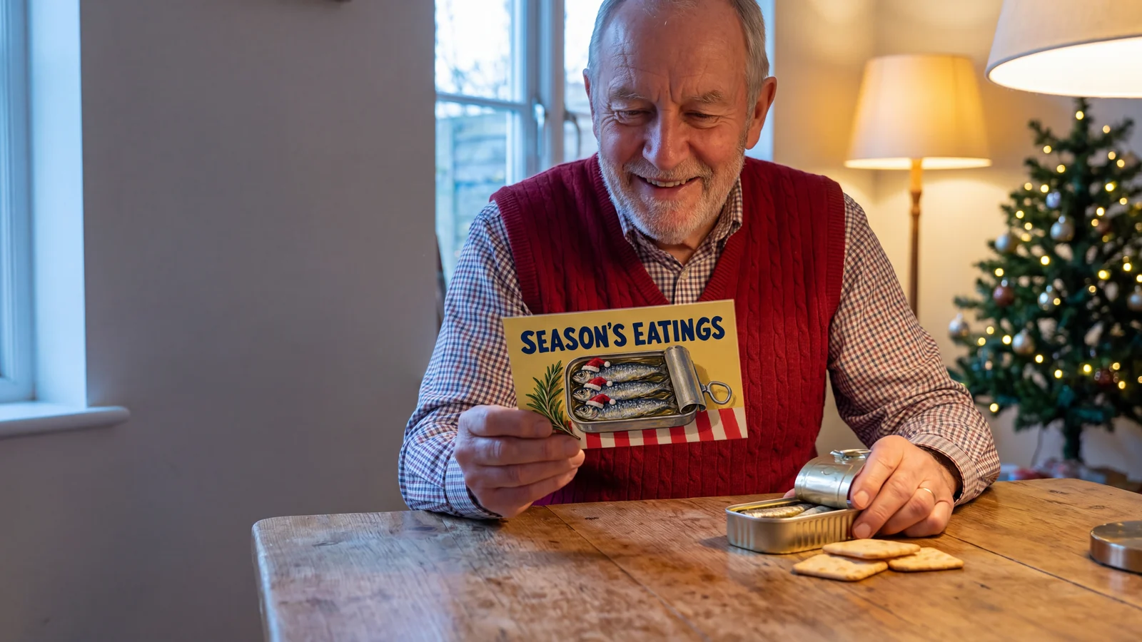 A grandfather enjoys a Christmas postcard beside his favorite sardines.
