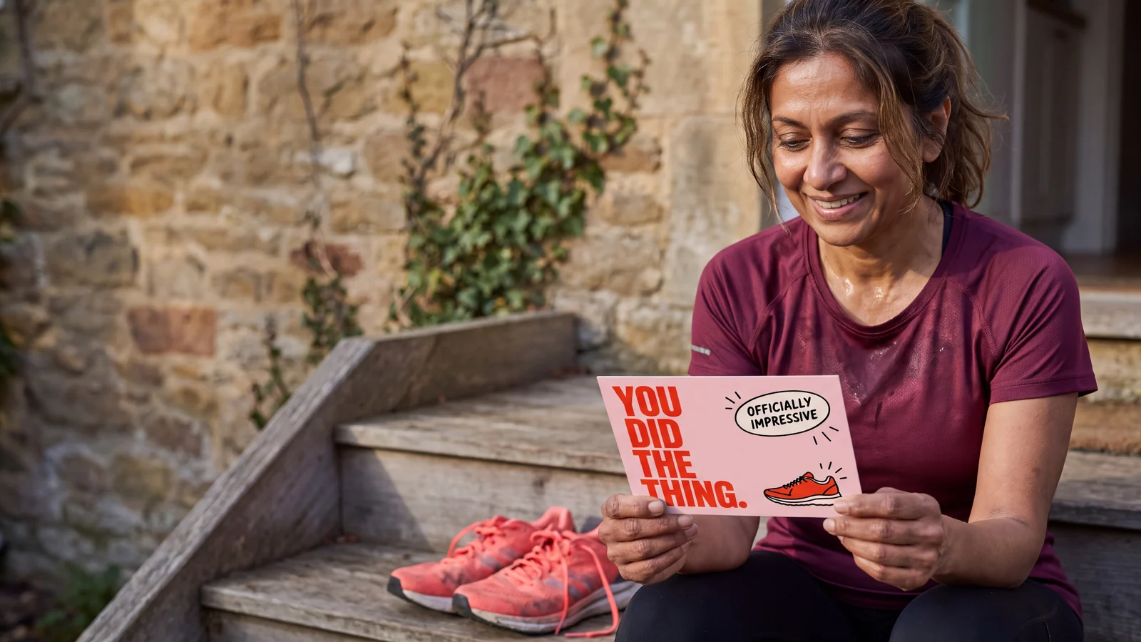 A runner smiles at a congratulatory postcard beside her coral running shoes.