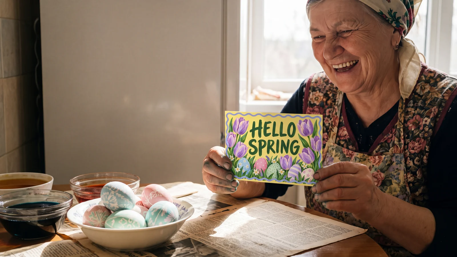 A grandmother laughs at an Easter postcard beside her hand-dyed eggs.
