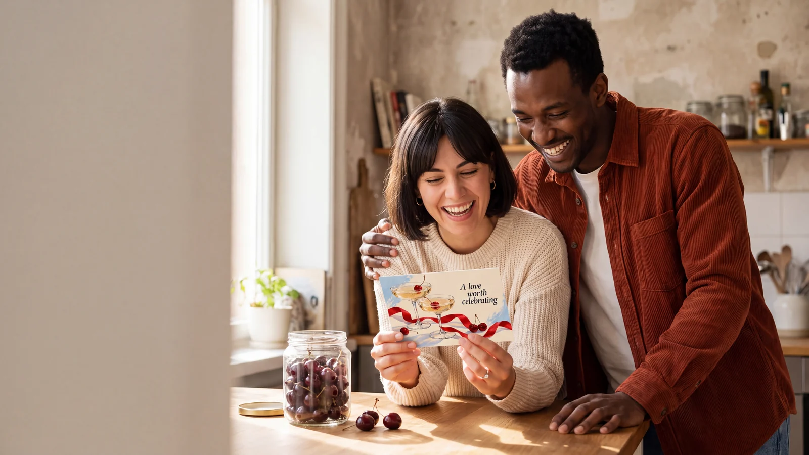 A newly engaged couple laughs over a postcard in their kitchen.