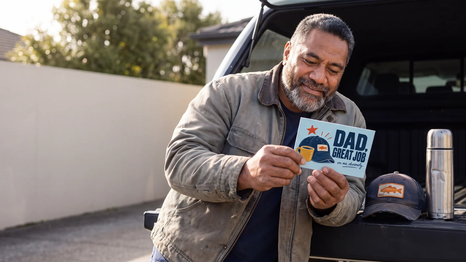A dad grins at a Father’s Day postcard on the tailgate of his truck.