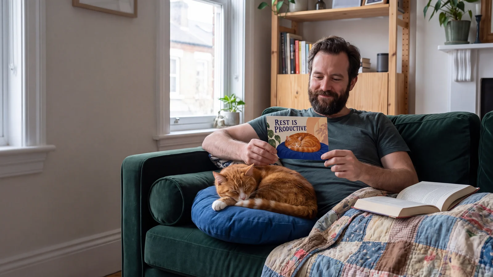 A man resting under a quilt smiles at a postcard beside his curled ginger cat.