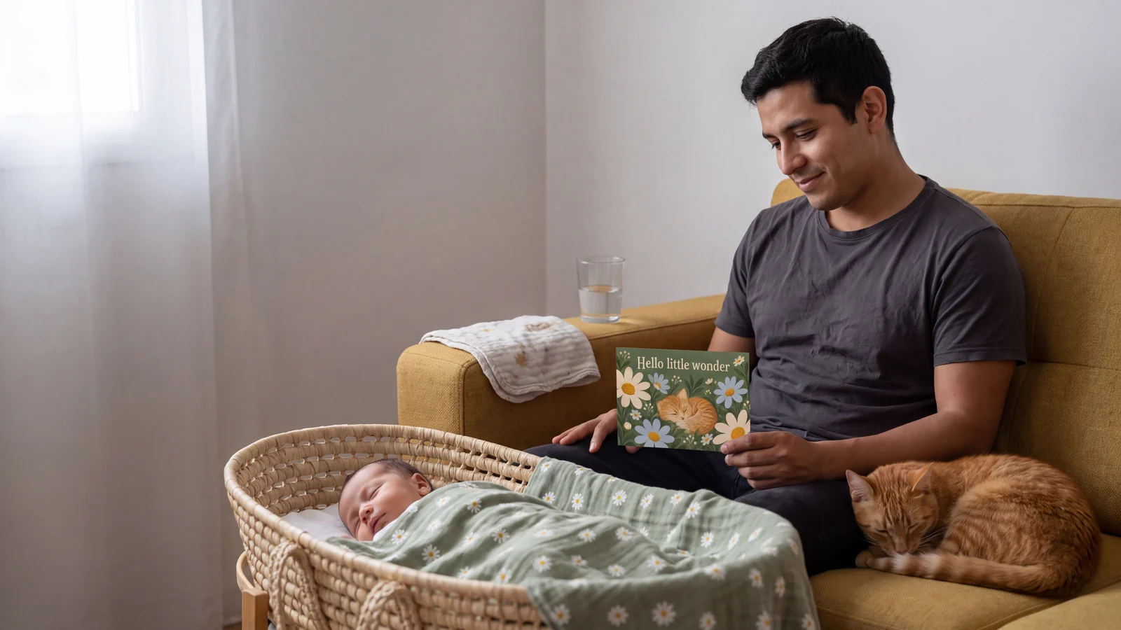 A new father reads a welcome postcard beside his newborn and curled ginger cat.