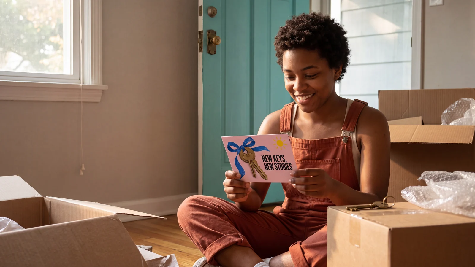 A new homeowner reads a postcard among moving boxes beside a turquoise front door.