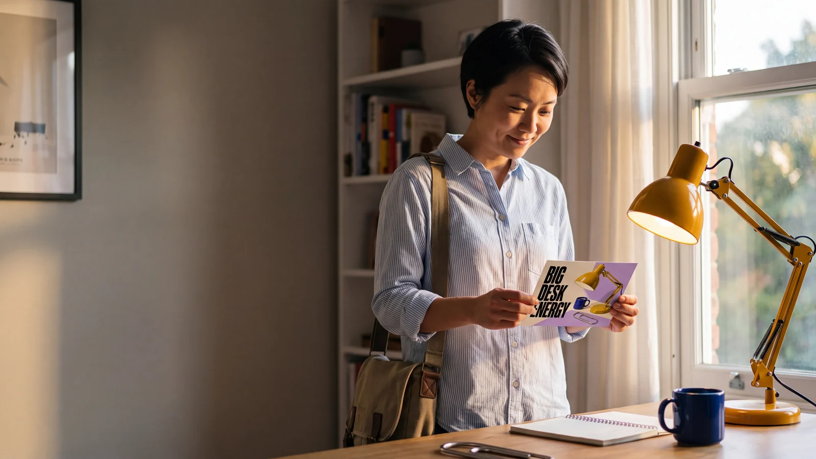 A woman reads a new-job postcard beside her mustard-yellow desk lamp.