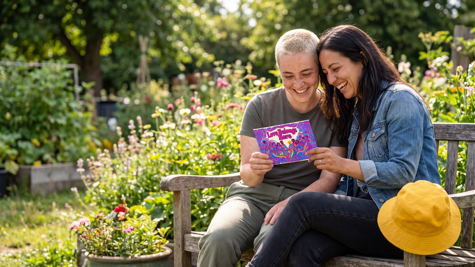 A couple laughs over a Pride postcard on a community garden bench.