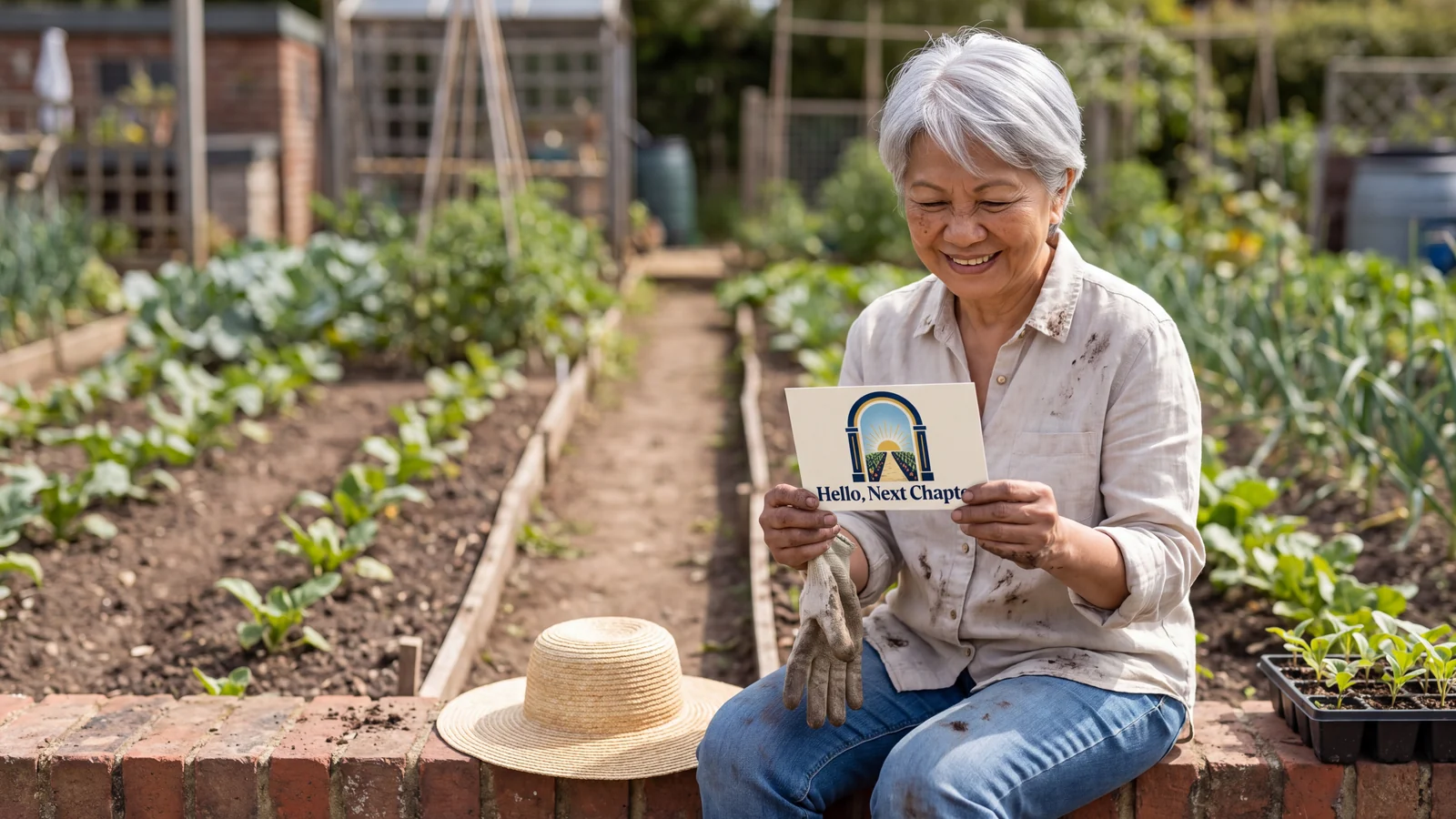 A newly retired woman smiles at a postcard on the wall of her garden plot.