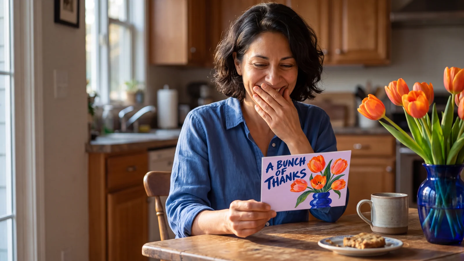A woman smiles at a thank-you postcard beside orange tulips from her garden.