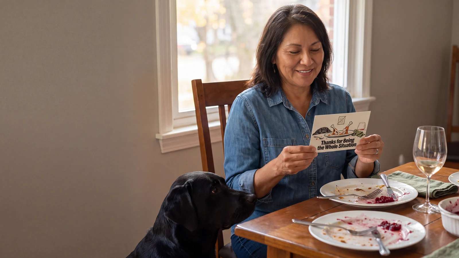 Una mujer sonríe con una postal de Acción de Gracias mientras su labrador espera junto a la mesa.