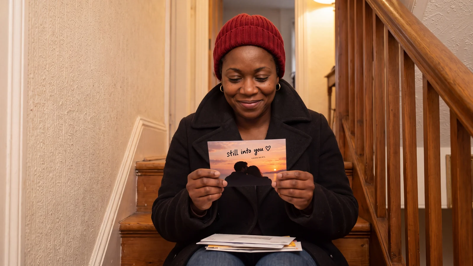 A woman on her hallway stairs smiles at a Valentine’s postcard.