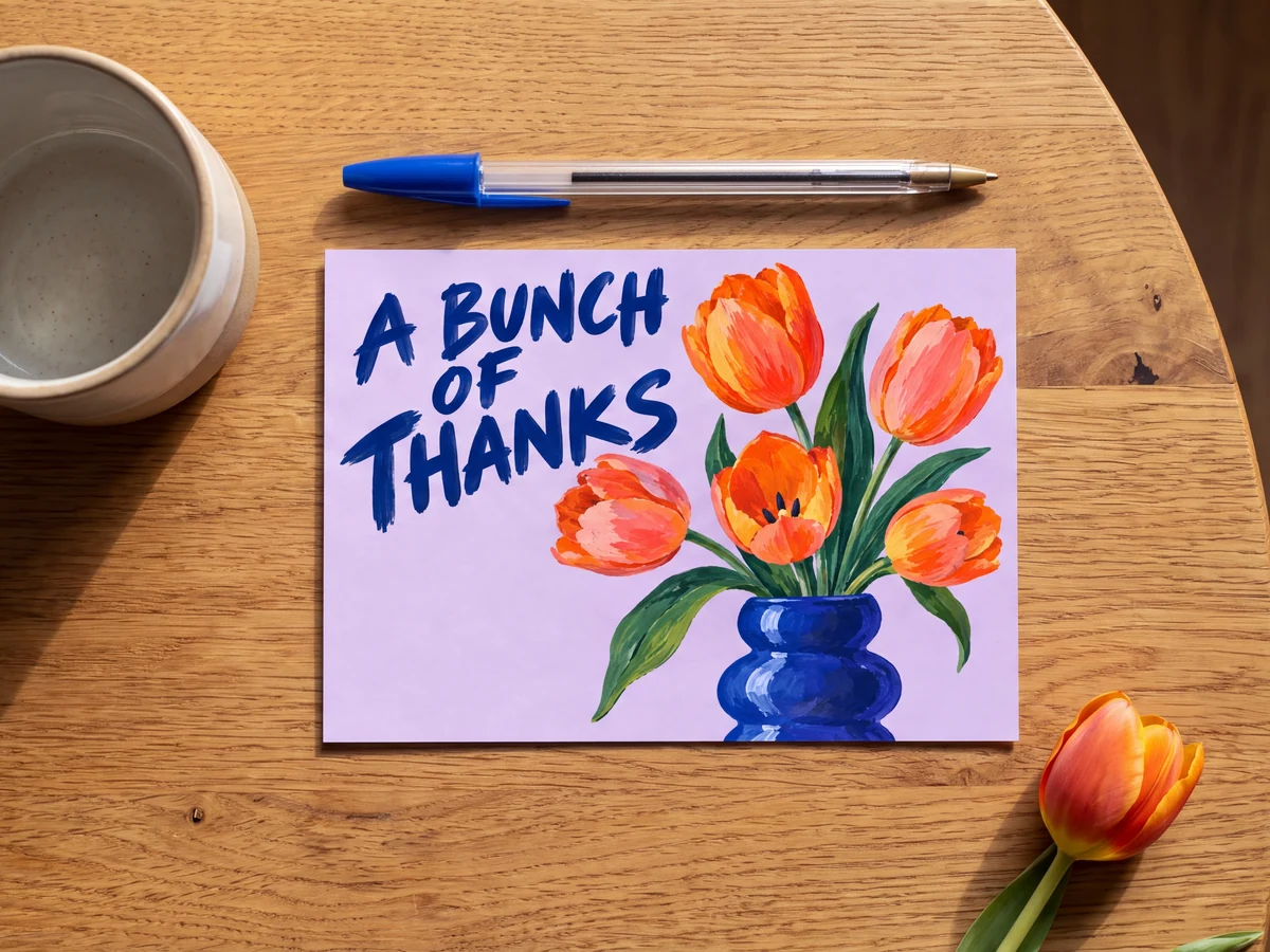 A printed A Bunch of Thanks postcard on a wooden table beside a pen, cup and tulip