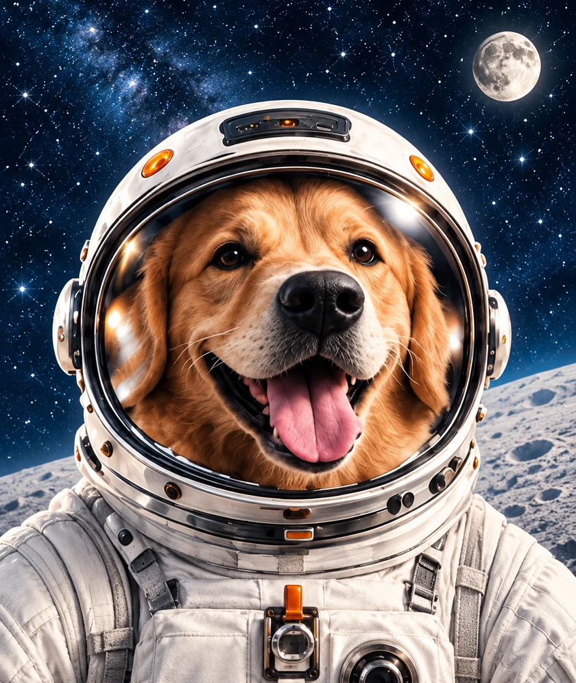 AI artwork of a golden retriever in an astronaut suit on the moon