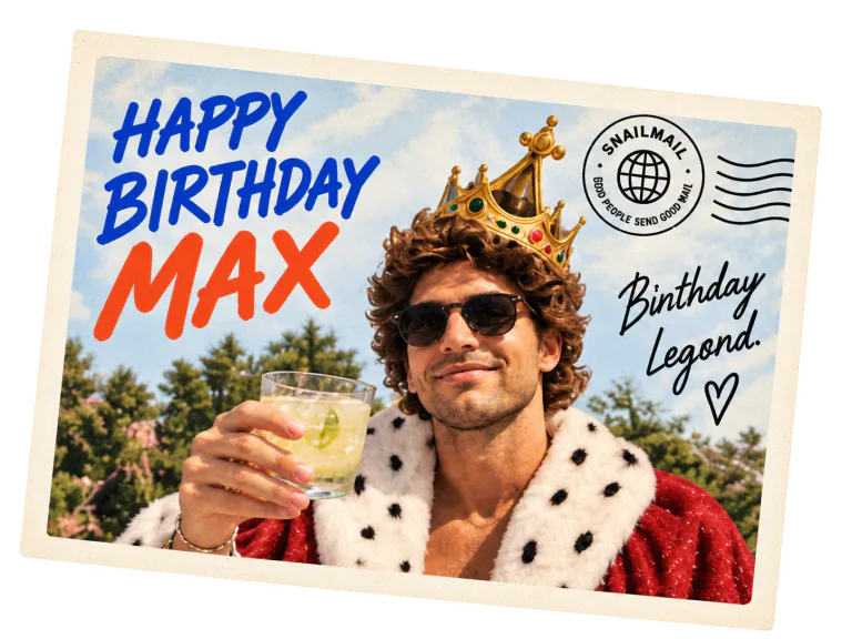 Landscape Happy Birthday Max postcard with Max wearing a crown and royal cape