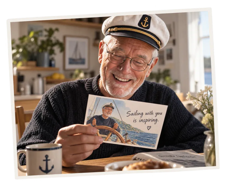 A happy sailor holding a postcard made from his photo